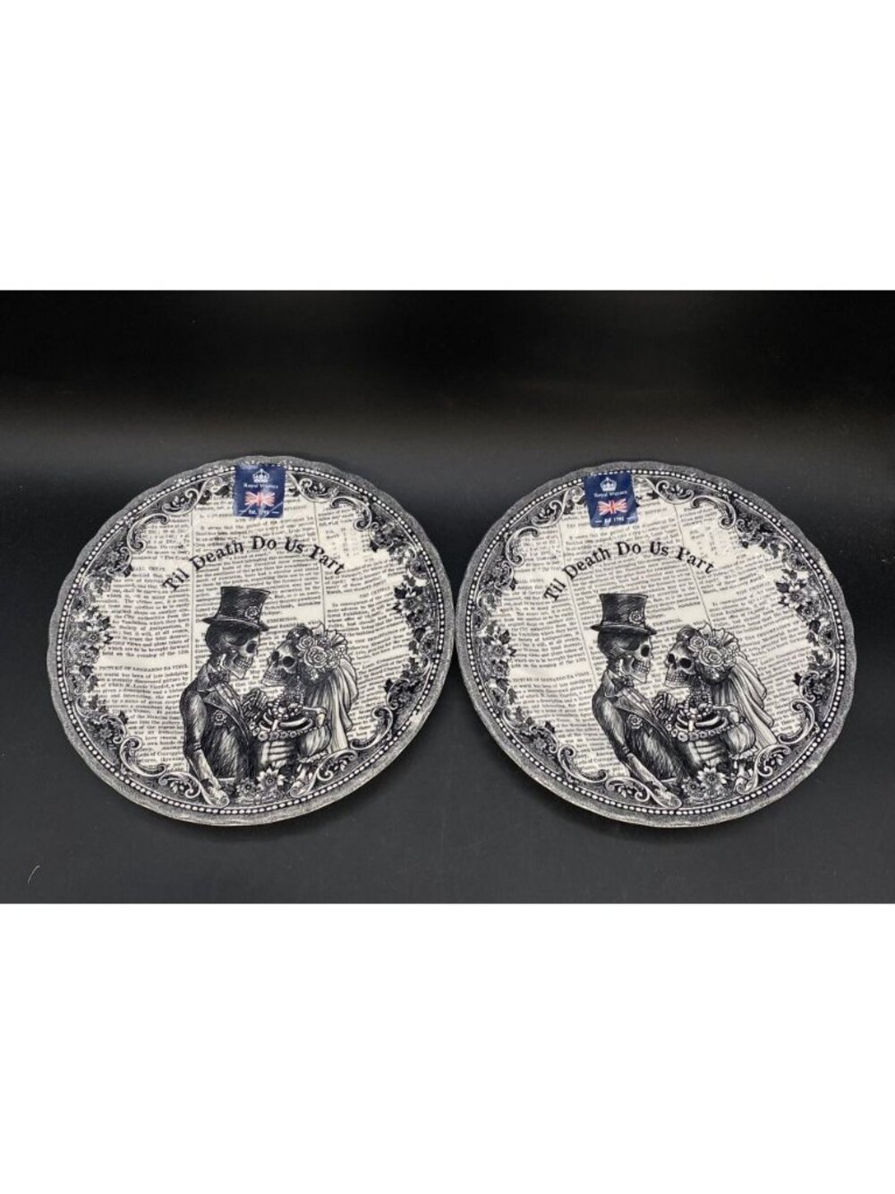 2 X Royal Wessex Halloween Skeleton Goth Wedding 8” Plate Til Death Do Us Part